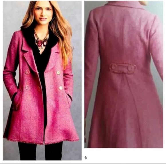 CAbi Madison Avenue Pink Tweed Wool Double Breasted pea coat fringe Size 16 - Picture 2 of 13